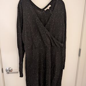 LOFT Black and White Speckled Long Sleeve Dress